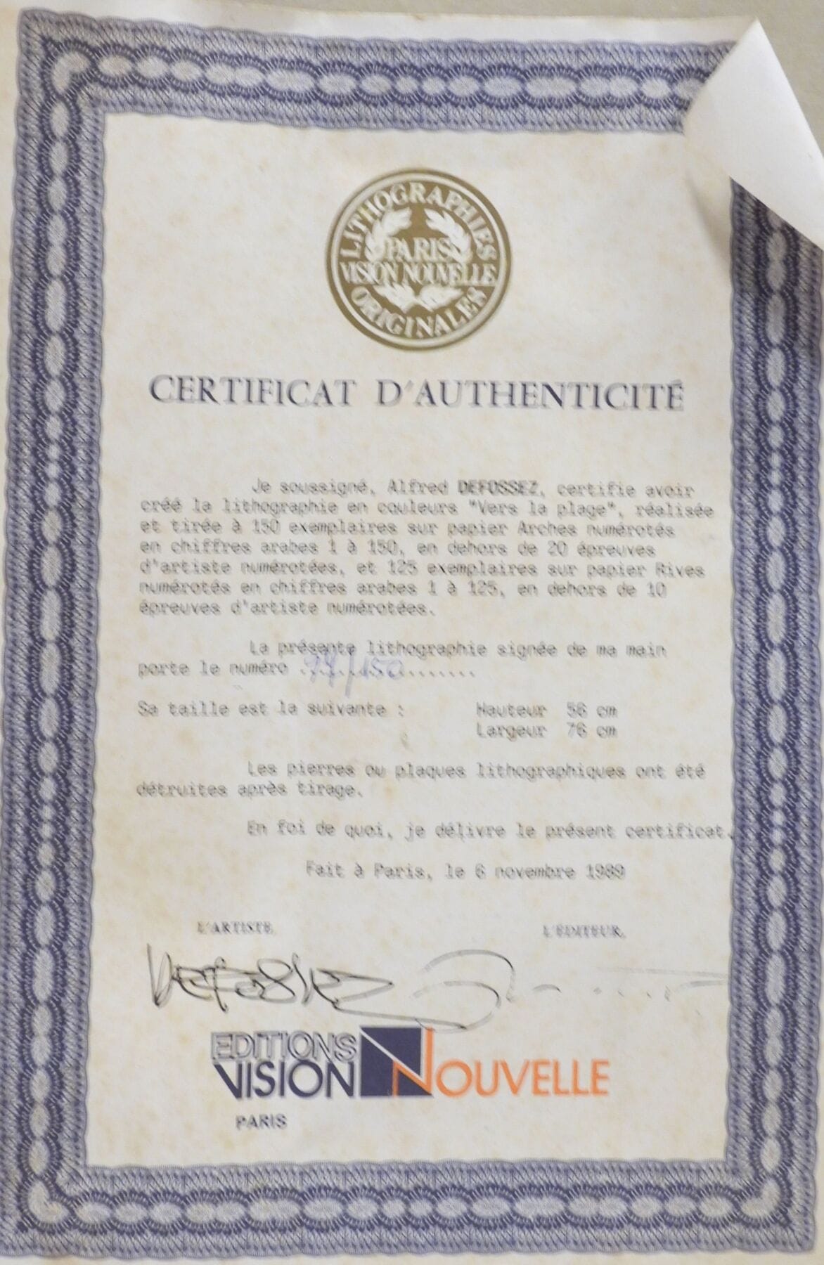 Vers la plage — certificate of authenticity, dated 6 november 1989