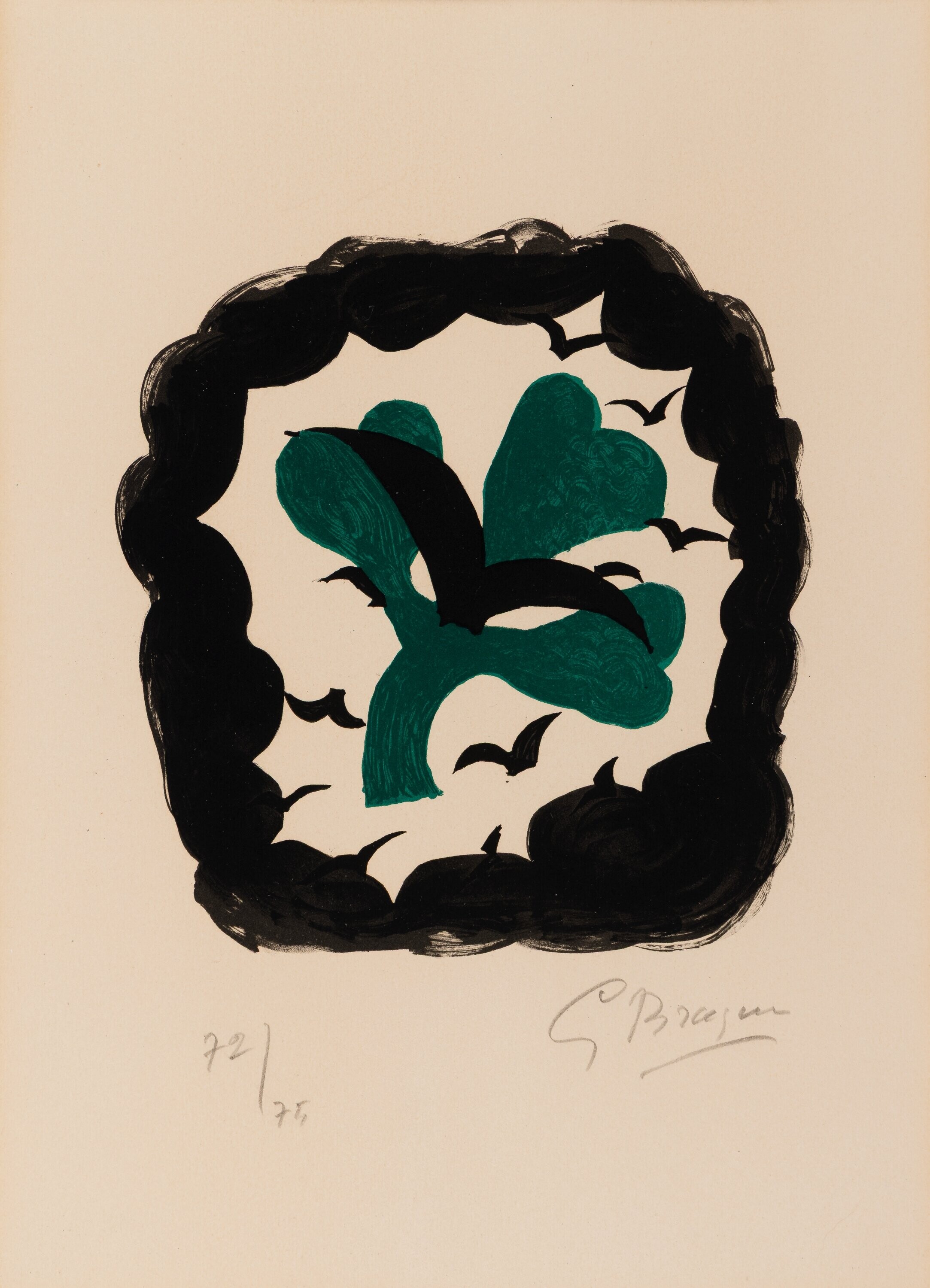 Green clover and black birds in Georges Braque’s Le Trèfle, numbered 72/75 and signed along the lower margin