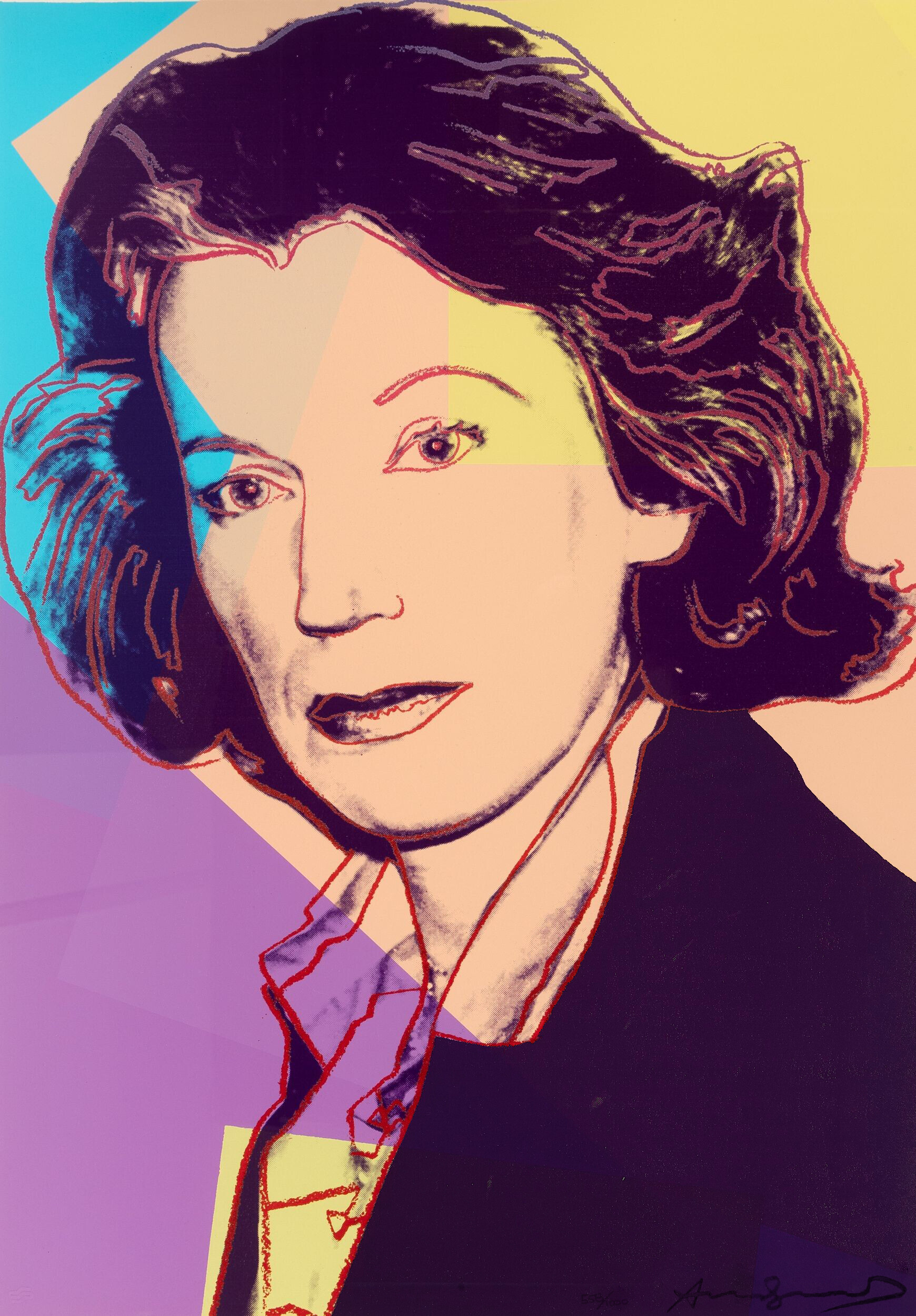 Andy Warhol, Mildred Scheel, a portrait in purple, yellow and turquoise