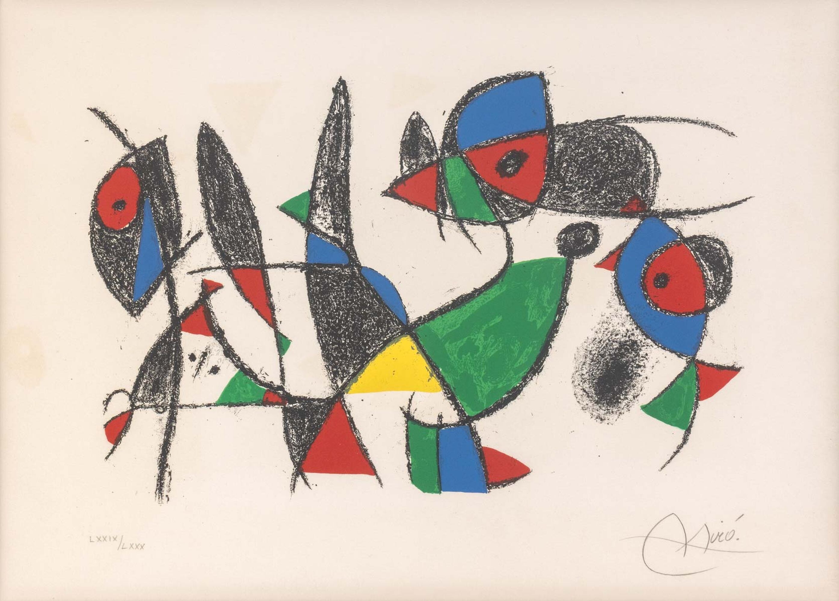 Joan Miró, Lithograph IX, abstract black forms with red, blue, green and yellow